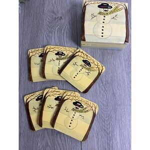 Vintage Hand Painted Wood Paper Mache Lacquered Coaster Set Winter Snowman READ